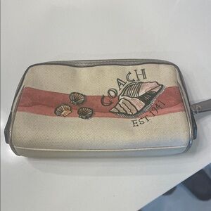 Canvas Cosmetic Pouch in Cream with Coral Stripe and Shell Motif